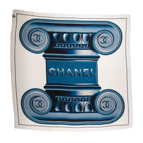 Chanel Cashmere Interlocking CC Logo Authentic Lge Scarf Blue White Wrap Printed - Picture 1 of 4